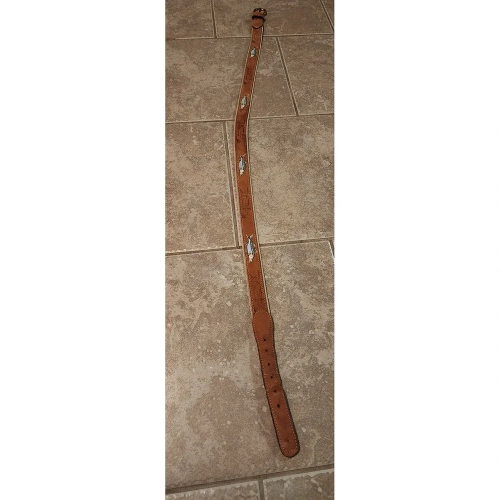 Zep-Pro Mens Fishing Belt Brown Leather Canvas Embroidered Snook Size 42 USA